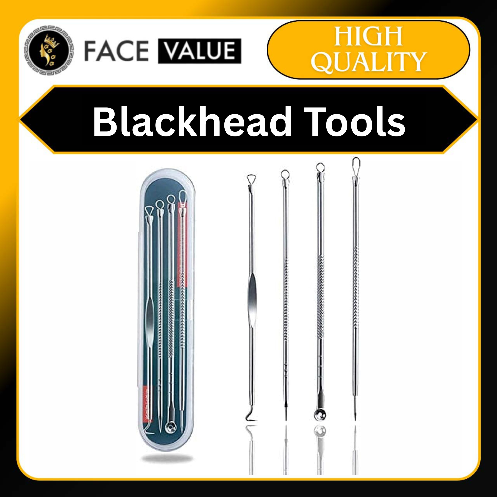 Face Value 4Pcs Blackhead Pimple SILVER Remover Tools for Face Professional Extractor Tweezers Kit for Remove Acne Pimple Comedone Extractor, Black Heads Removing on Face Removal
