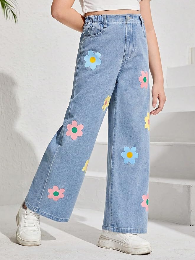 HER'TESORO Flowers Print Wide Leg Jeans For Women