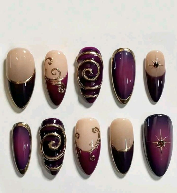 Press On Nails, artificial nails for girls and women with burgundy Gold Design – Reusable Artificial Nails with one mini filer and nails stickers sheet.