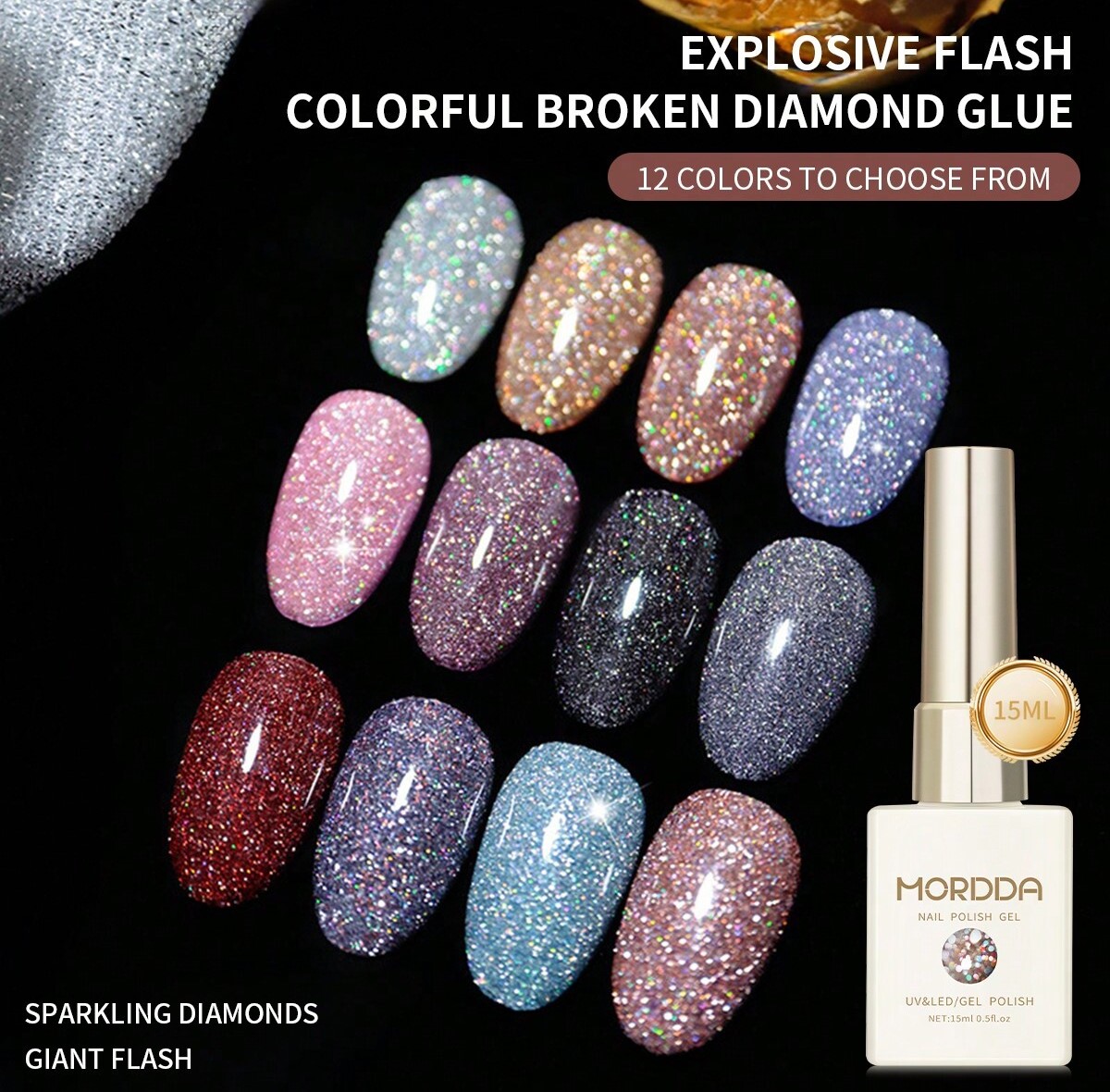 Flash Reflective Broken Rhinestone Gel Polish 15ml - Shiny Crystal Glitter Soak Off Nail Art UV/LED Gel