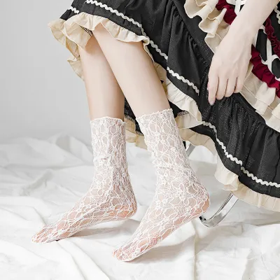 Women Socks Retro Lace Flowers Mesh Lolita Cute Socks Thin Middle