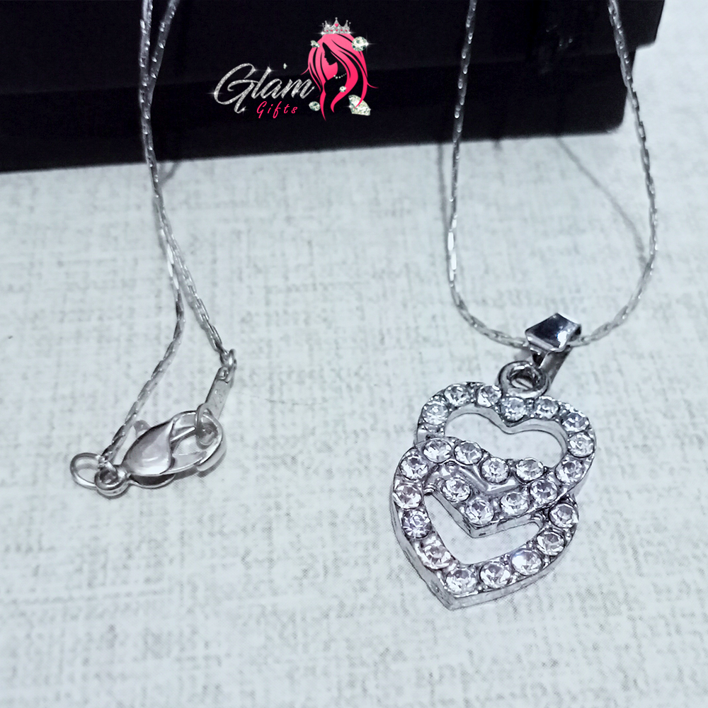 Dual Silver Heart Pendant Necklace with gift Box for Friends