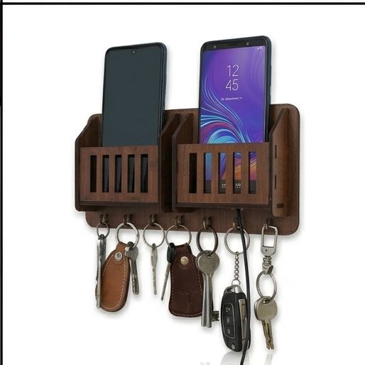 Wooden Wall Key Holder with Dual Mobile Charging Stand | Wall Mounted Key Organizer Rack | Key Hanger & Phone Holder for Home Entrance, Living Room & Office