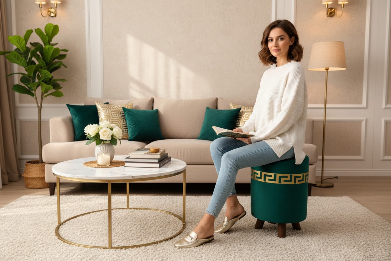 Elegant Traditional Style Velvet Upholstered Ottoman Stool with Geometric Pattern - Multiple Colors Available