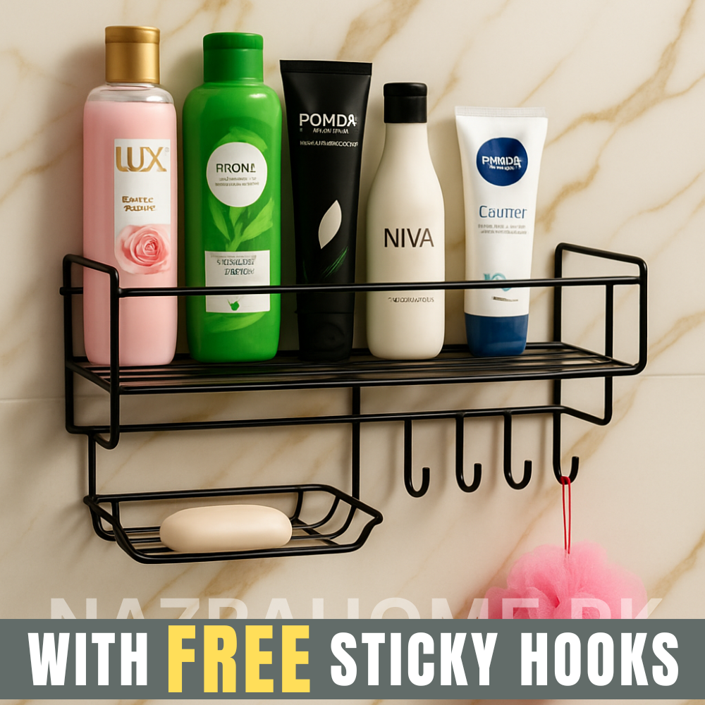 Bathroom Storage Shelf With hooks and Soap Dish Easy Mount Shower Shampoo Rack Holder washroom Basket No Drilling, Design for Bathroom Bedroom Living Room and Kitchen Organizer shelf