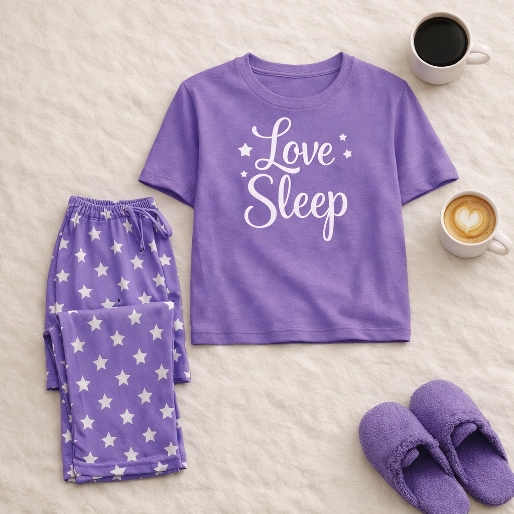 Love Sleep T-Shirt & Star Print Trouser Feel like Palazzo Nightwear Set for Women Girls & Kids Soft Cotton Jersey Summer Pajama, Sleepwear & Loungewear Suit, Night Dress Style Breathable Relax Fit T-Shirt Pajama Set (S-XL | 7-14 Years) Siddiqui's Store 01