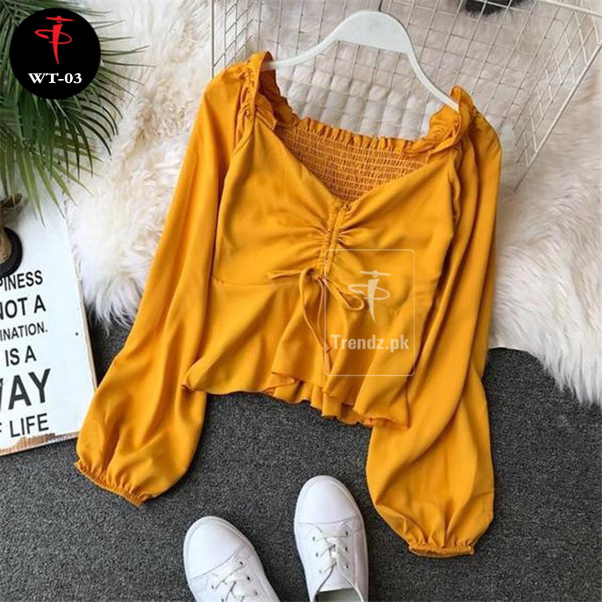 TRENDZ.PK Drawstring Western Style Top For Women/Girls Solid Slim Shirts Ruffles Grace Fashion WT-03