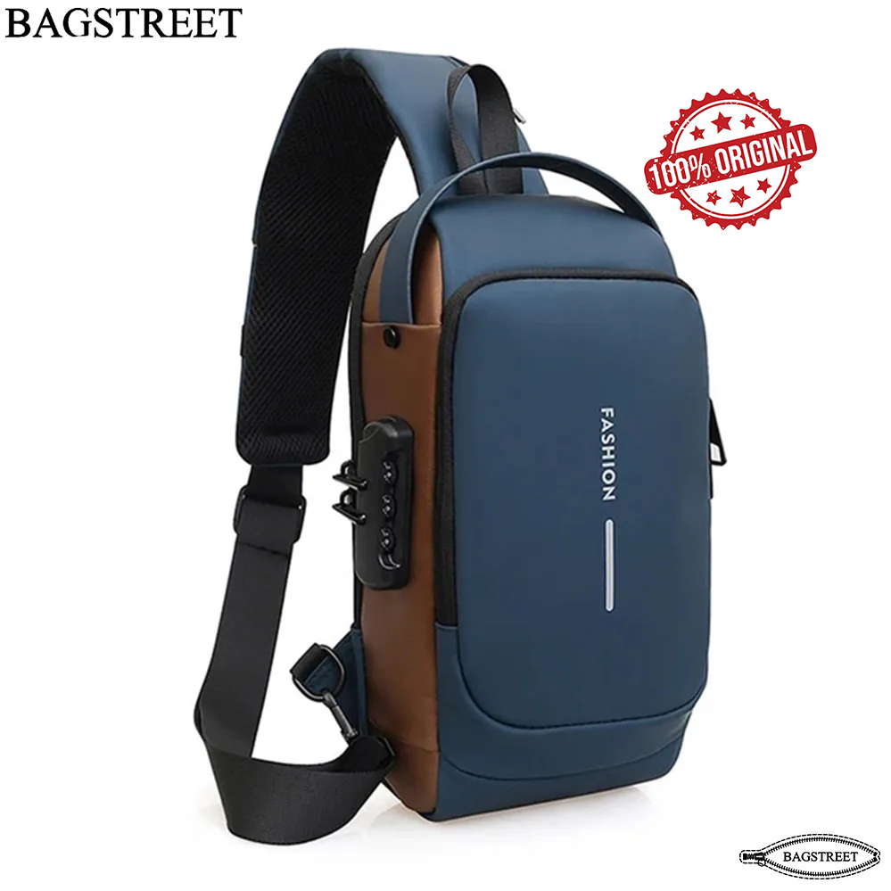 BAGSTREET New Waterproof Anti-Theft Unisex Sling Crossbody Bag with USB Charging Port and Combination Lock - Black