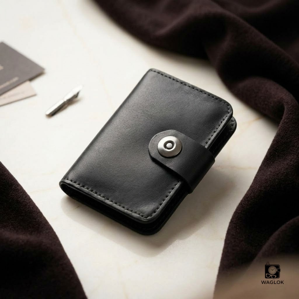 Magnetic Button Cow Leather Slim Wallet, 4 Card Slots, 1 Cash Pocket, 1 Window Card Slot