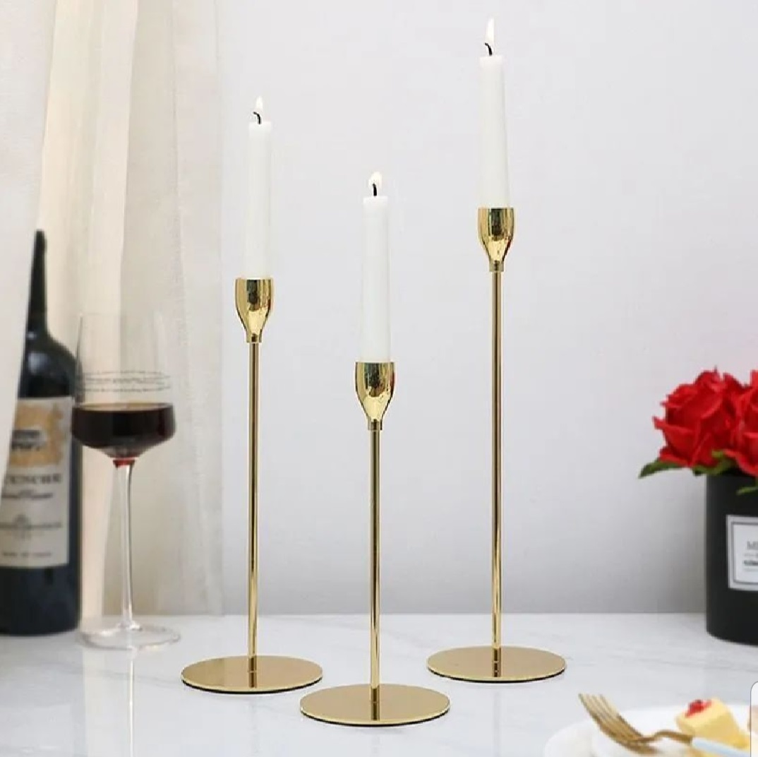 3 Piece Set of Diamond Shape Metal Candle Holder for Taper Candles and Table Decoration