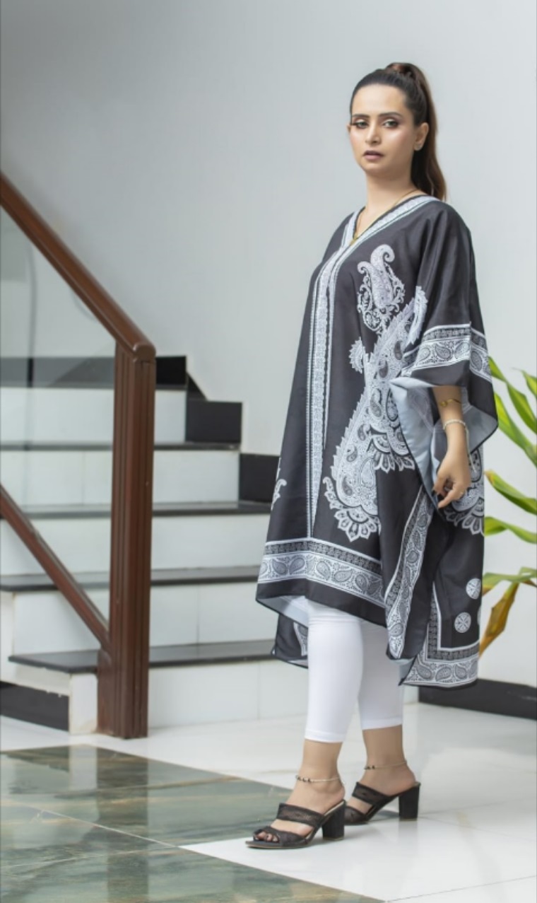 lawn kaftan dress design Designer Kaftan Swiss Lawn 3 Piece Digital Print Free Size Dress - STITCHED
