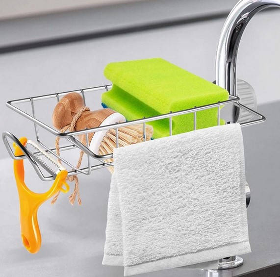 Kitchen Stainless Steel Faucet Sink Sponge Holder with towel - Main Image