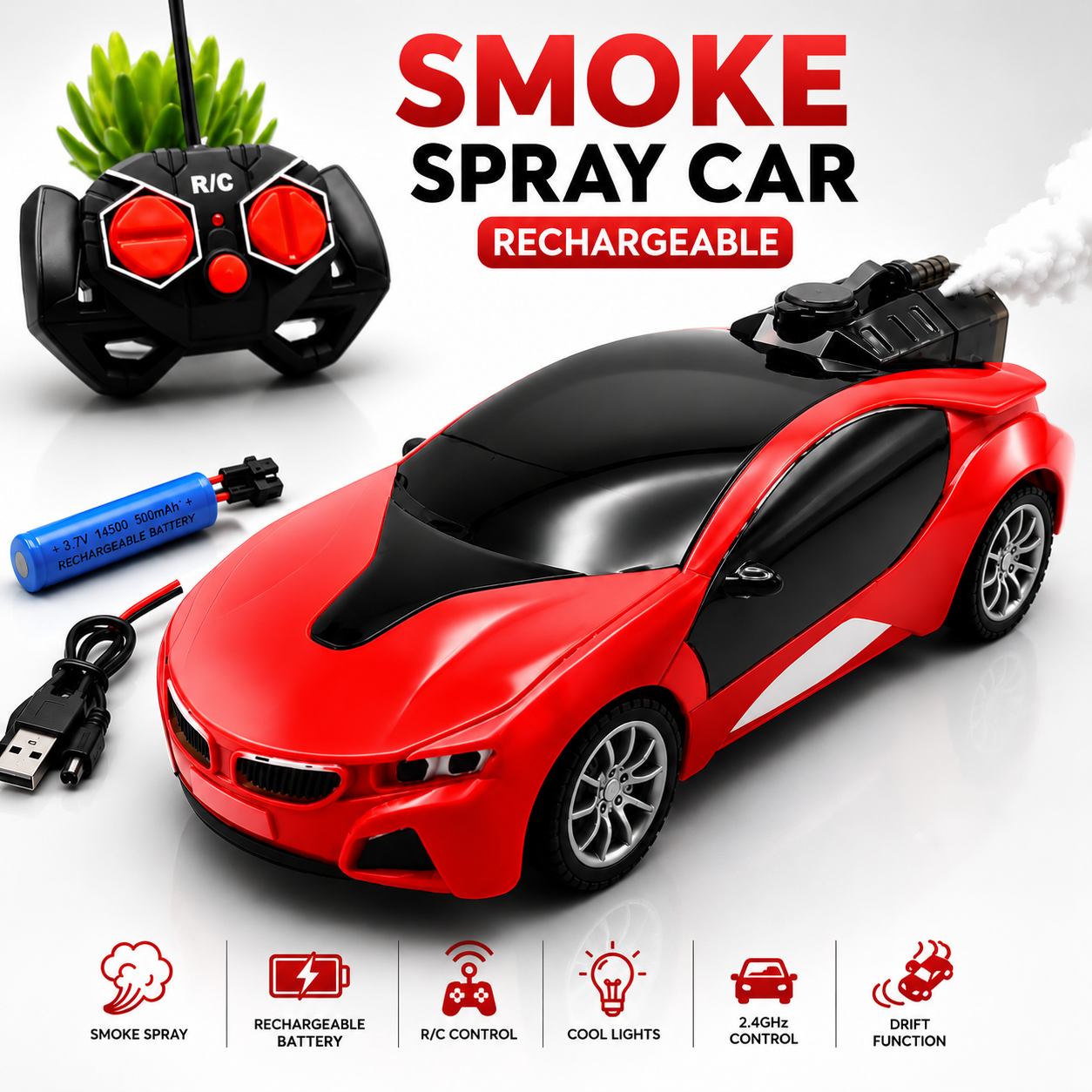 New Cool 3D Lighting Smoke Spray RC Car for Kids - Rechargeable Remote Control Toy Vehicle with 4-Wheel Drive and Active Smoke Button