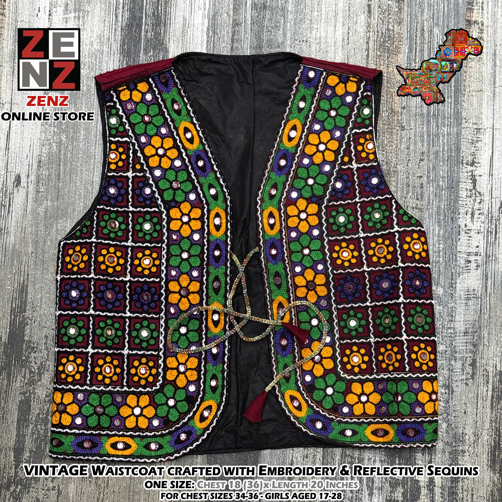 Embroidered Pakistani Traditional Sindhi Balochi & Cultural Party Wear Waistcoat Koti for Women Chest Size 34-36 Inches