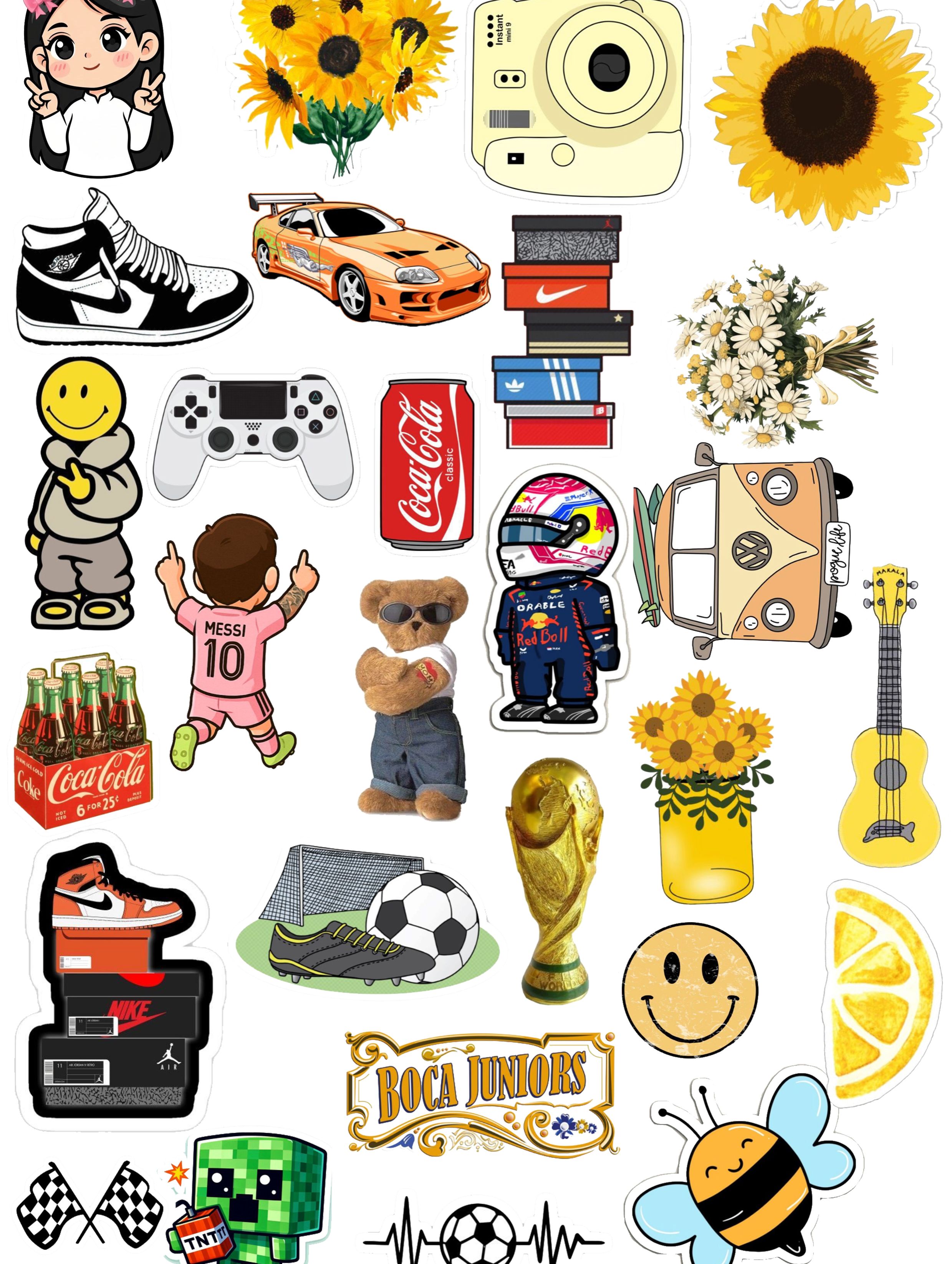 Trendy Hypebeast & Sports Laptop Stickers Messi 10, FIFA World Cup Trophy, Sneaker Shoe Boxes, Sunflowers, and Gaming Decals for Laptops & Journals Pack Of 28 Each Size 2Inchx2Inch Sticker