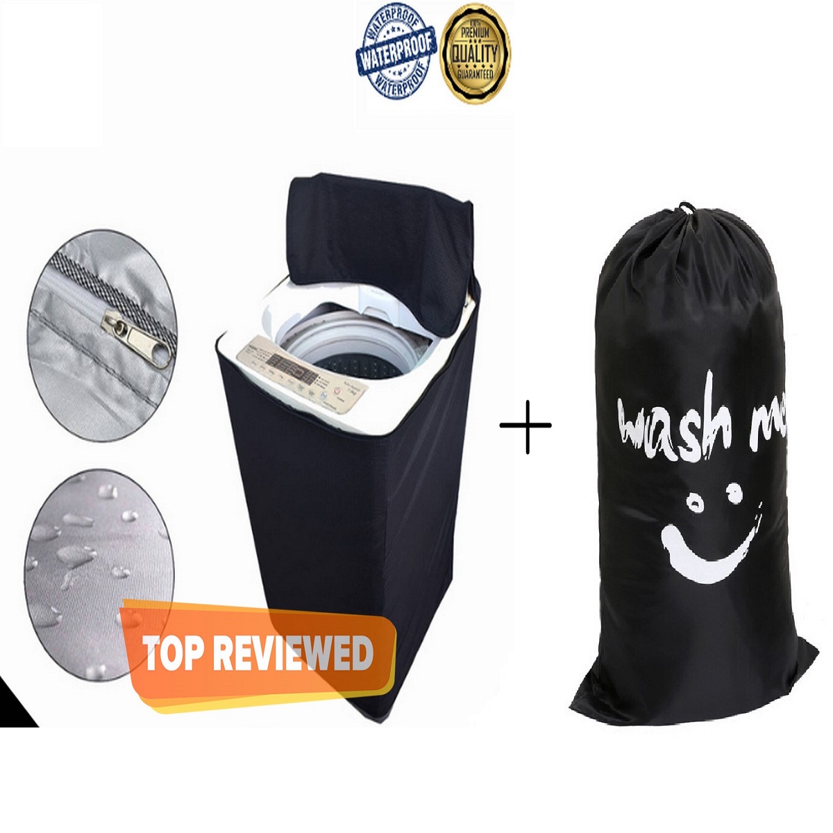 Premium Quality 12-15 Kg Washing Machine Cover (Waterproof, Sunscreen and Dustproof Protector) & Wash Me Travel Laundry Bag, Machine Washable Dirty Clothes Organizer, Large Enough to Hold 4 Loads of Laundry, Easy Fit a Laundry Hamper or Basket XL