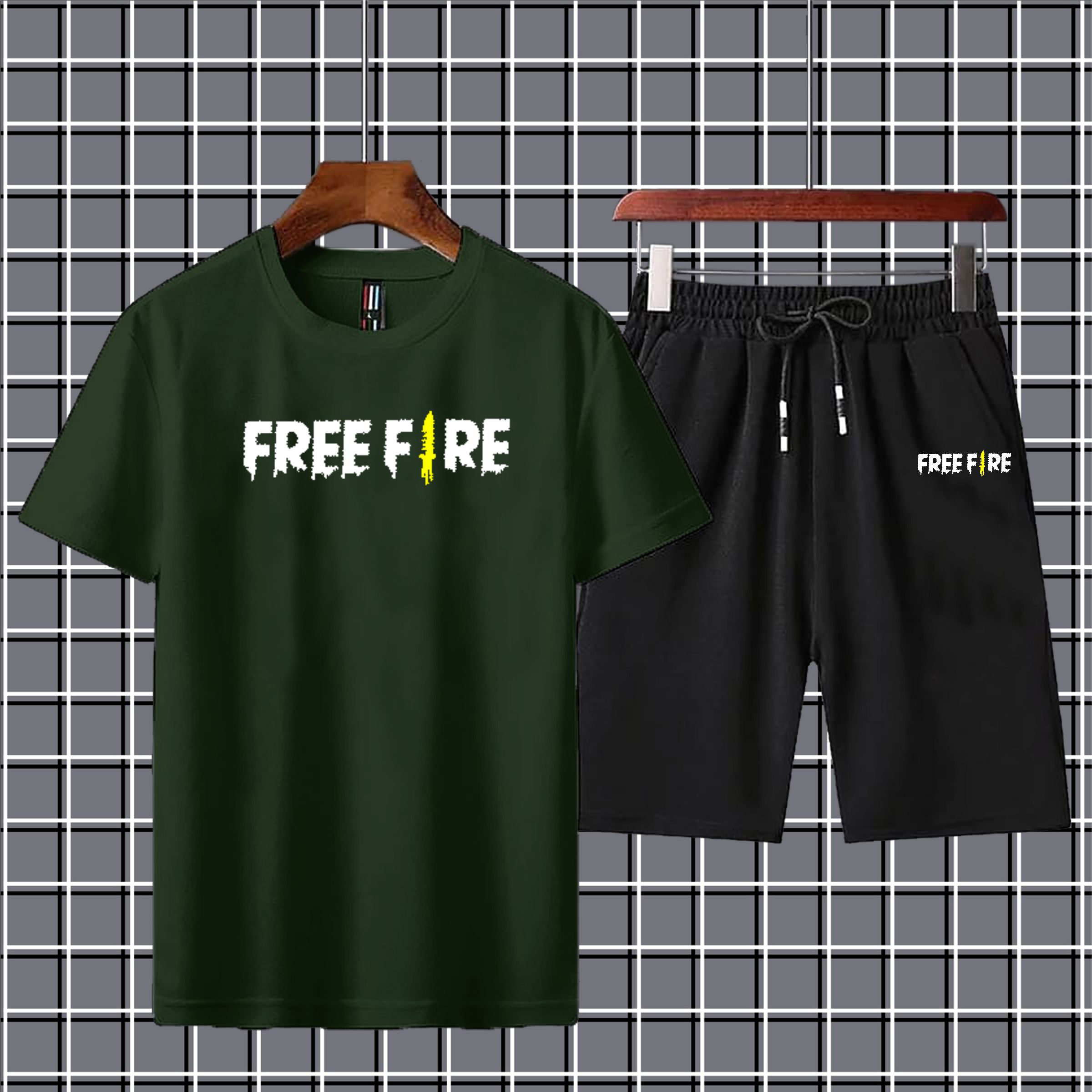 Free fire printed summer short track for men tshirt+short-yellow