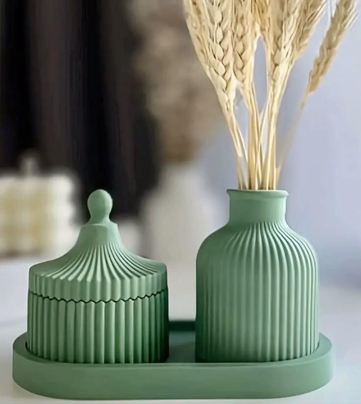 Aesthetic Table Center Piece | Set of 3 Deal, 1x Ribbed Concrete Flower Vase, 1x Ribbed Concrete Trinket Jewelry Storage Box, 1x Oval Shaped Concrete Trinket Tray | Home Décor | Decorative Accents | Vases & Vessels | Storage & Organization |  Gift Sets