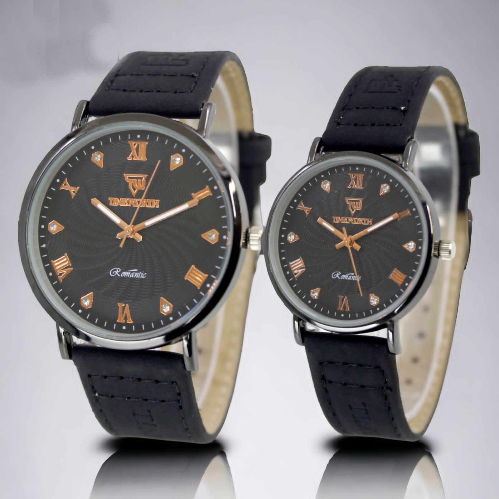 Fashionable Watches pack of 2 Precious Look Casual/Formal Round Black Premium Artificial Leather Watch For Couple, Couple Watches