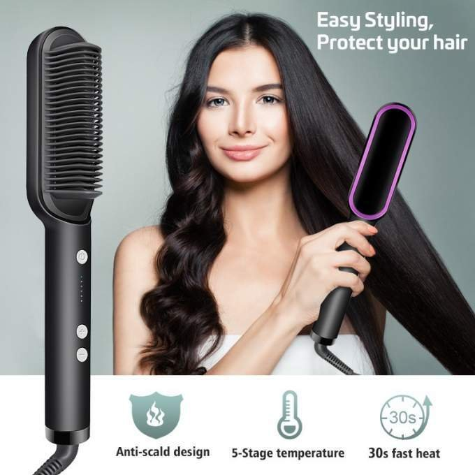Professional Hair Straightener Brush Heated Comb Straight & Curly Styling Tool