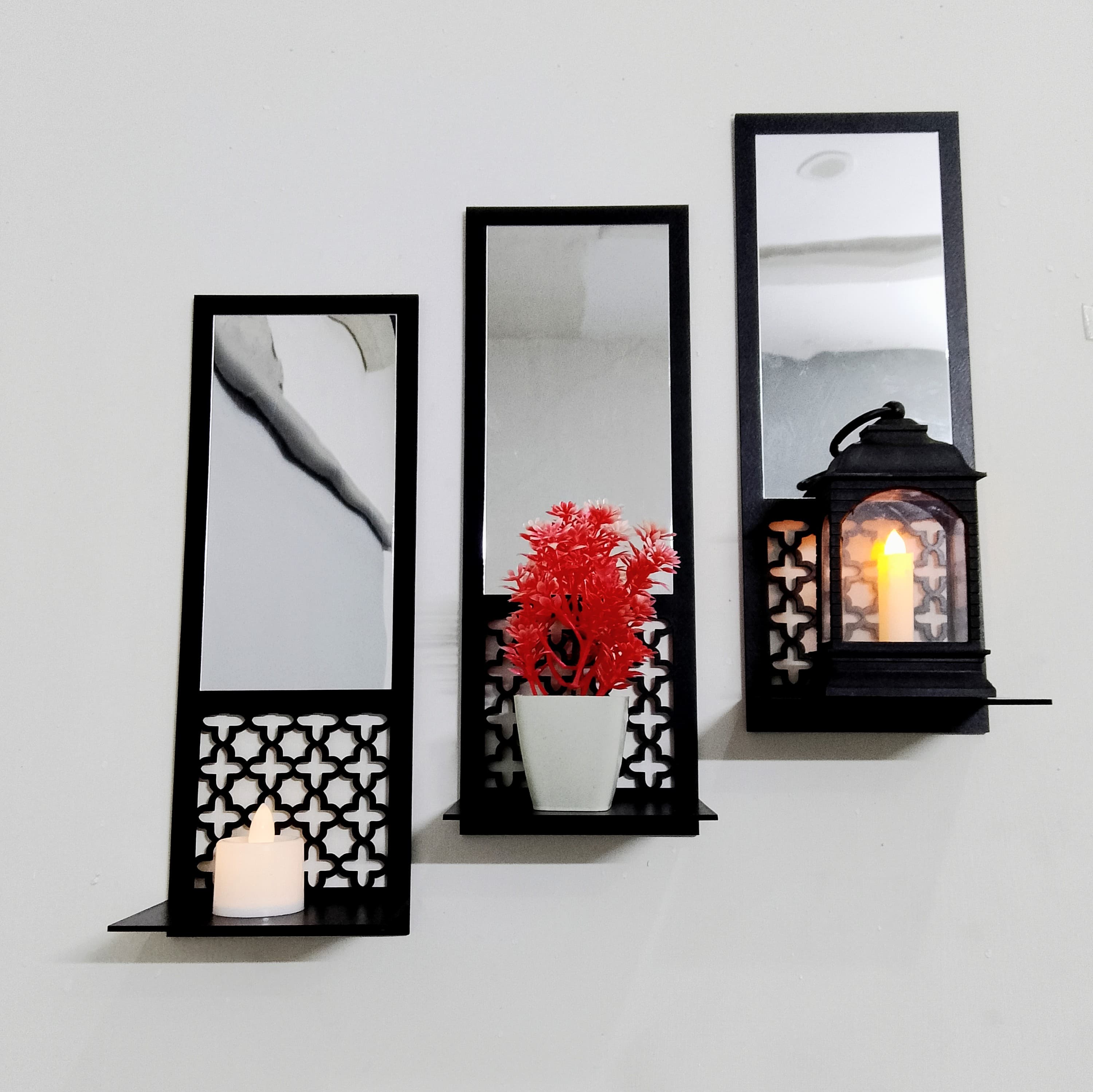 Besty Brand Decorative wall mirrors | Wall mirror shelf set | Modern home wall décor | Black framed wall mirrors | Candle holder wall shelf | Floating shelf with mirror  | Artistic wall shelves | Minimalist home décor | Elegant mirror display wall art