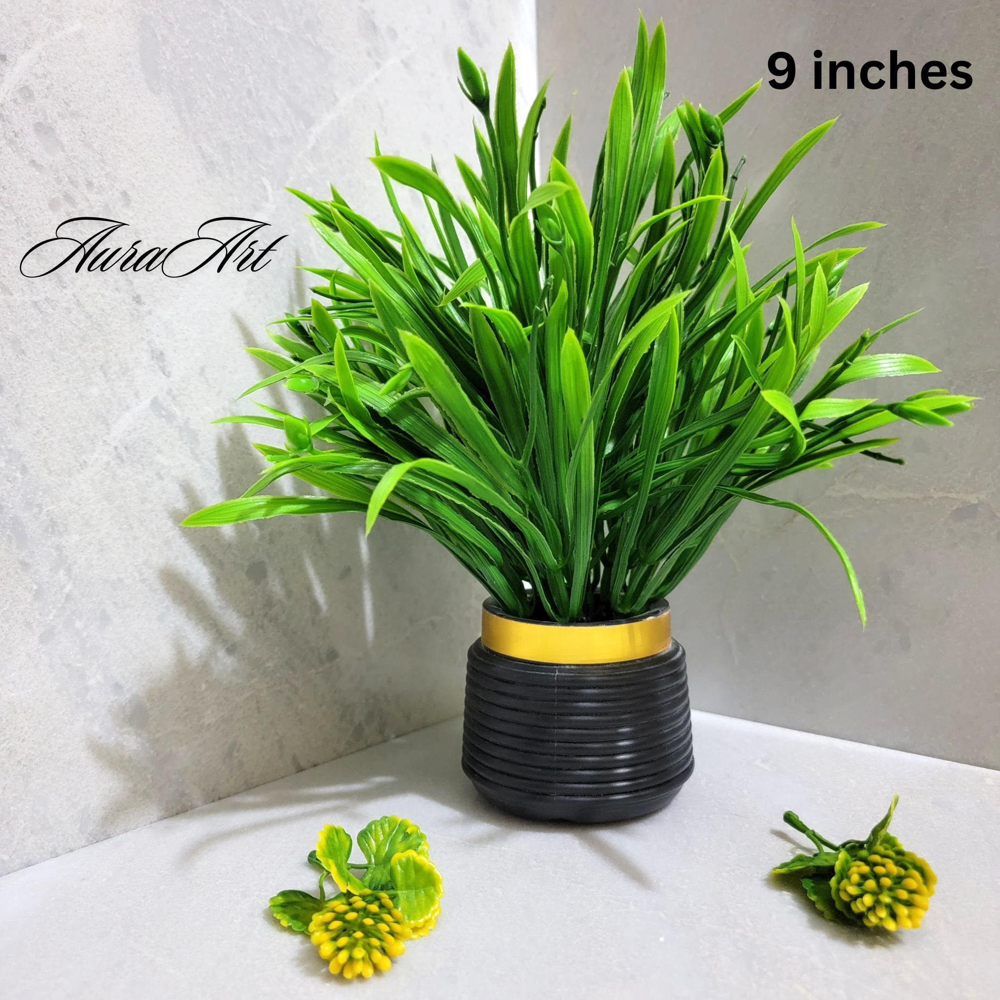 Medium Size 9 Inches Artificial Plant with White and Black Pot - Stylish Tabletop Tree for Home, Room, and Office Decoration pieces