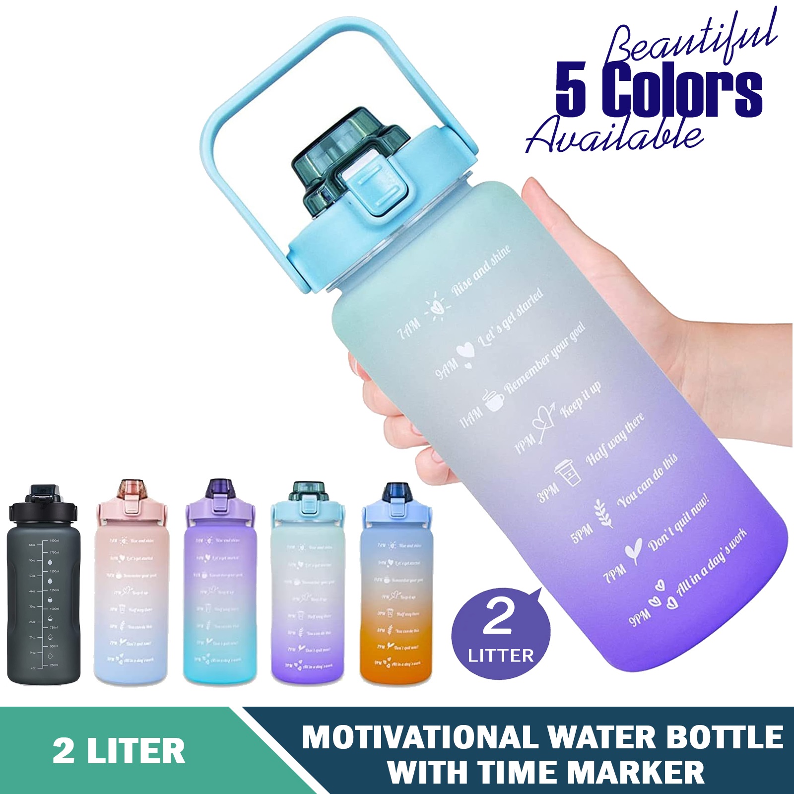 2000ML Water Bottle 3pcs | 2pcs Motivational Water Bottle With Straw | 2L Gradient Color Drinking Water Bottle 2000ML Water Bottle