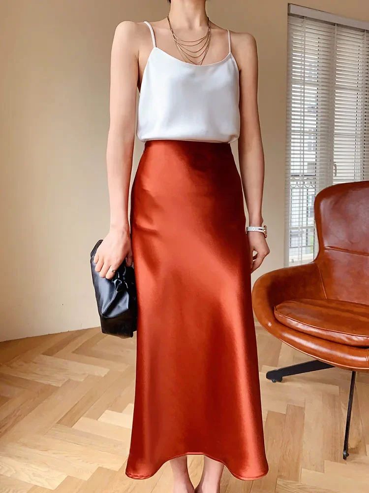 Premium Silk Casual Spring/Summer 2025 Long Solid Fishtail Skirt for Women - Elegant, Comfortable, Versatile (XS-XL)