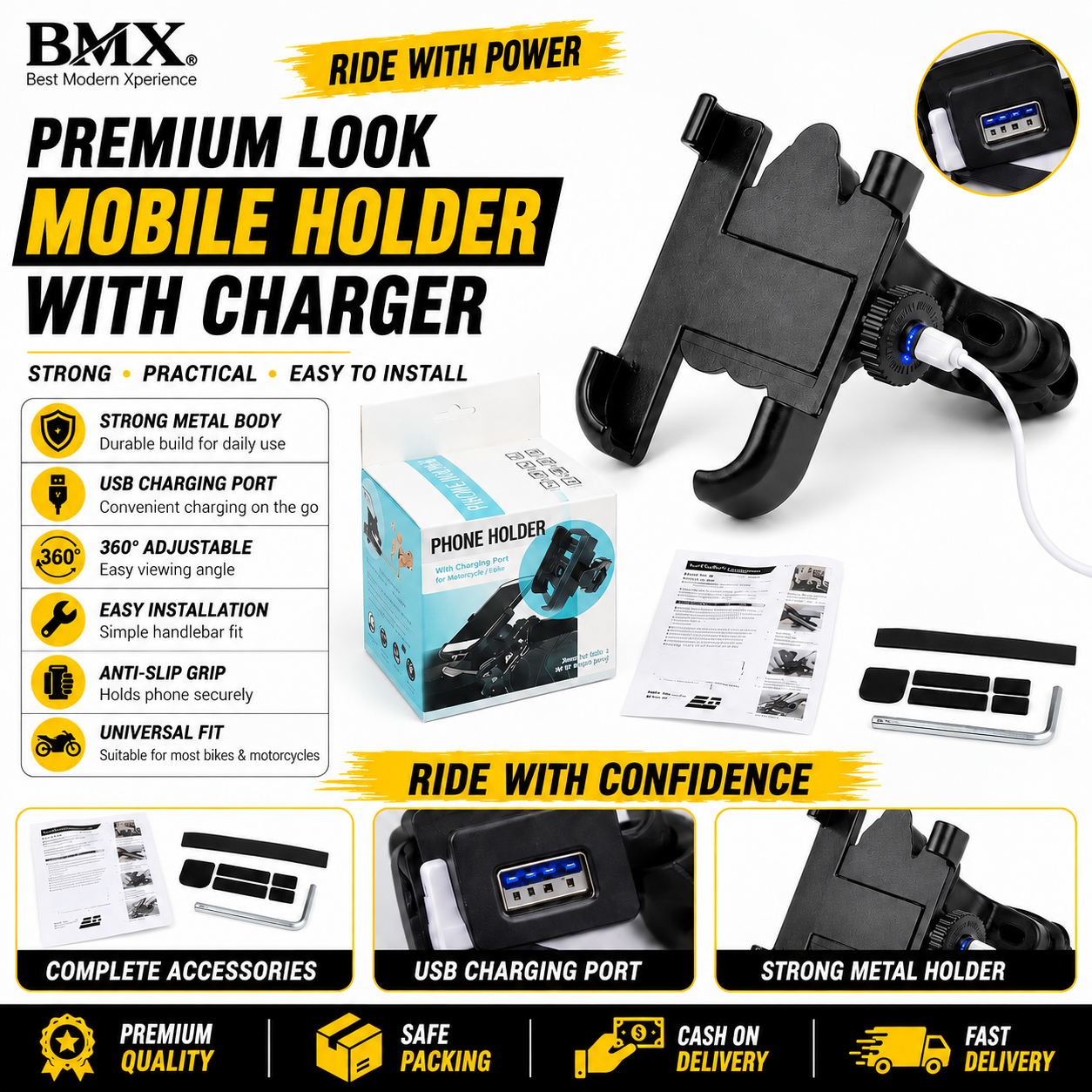 Metal Bike Mobile Holder with USB Charger | Heavy Duty Motorcycle Phone Holder | Universal Handle Bar Mount All Phones Mobile Holder Adjustable Mobile Holder Riding Mobile Holder  Long Ride Mobile Holder