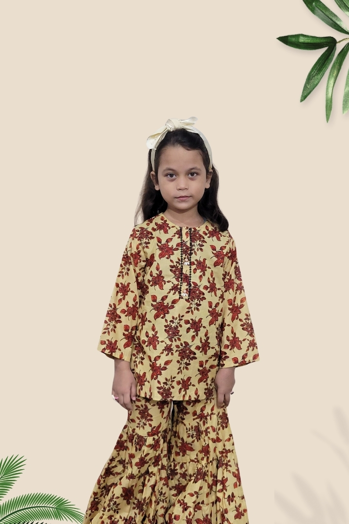 2 Pcs Girls Printed Suit Stitching Cotton