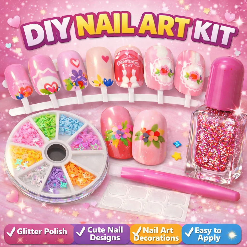 DIY Nail Art Kit for Girls – Glitter Polish, Nail Pen & Decorative Accessories