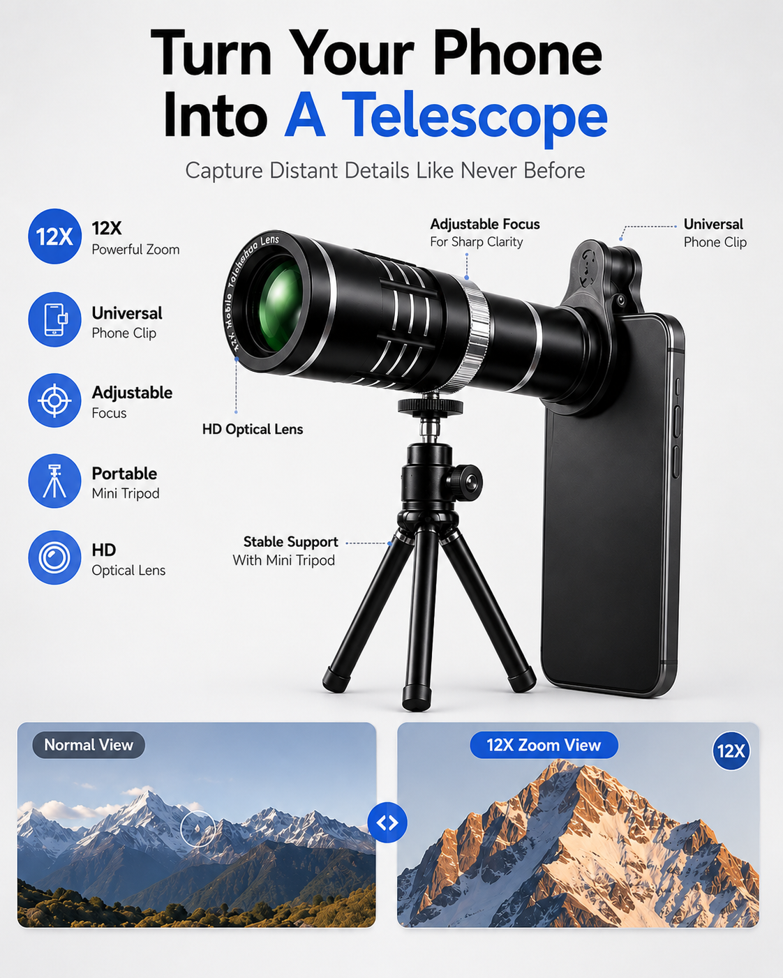 Zoom Lens For Mobile 12X HD Telephoto Lens Mobile Camera Lens With Stand Universal Clip On Zoom Lens For Photography Bird Watching Long Distance Shooting