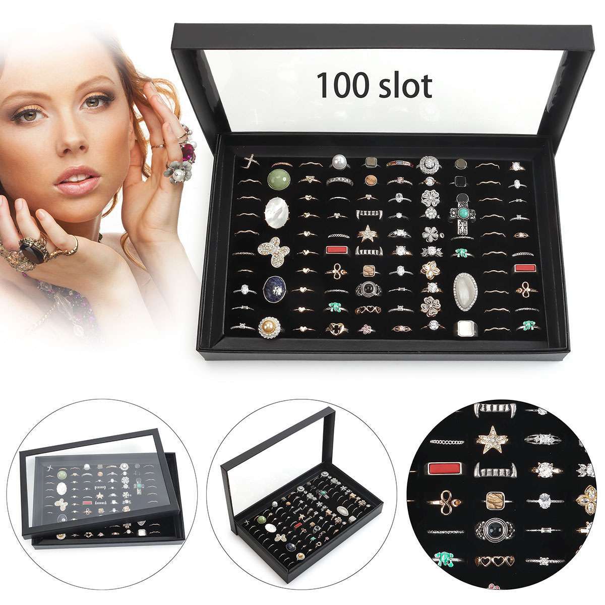 100-Slot Black Jewelry Ring Display Case | Velvet-Lined Glass Lid Organizer | PU Leather | Large Capacity Gift Box