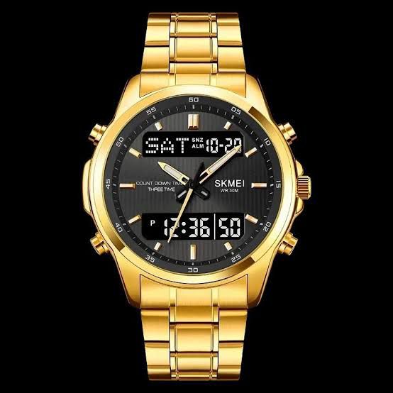 Premium Dual Time Men’s Digital Analog Watch – Steel Chain, Water Resistant, Full Function Display