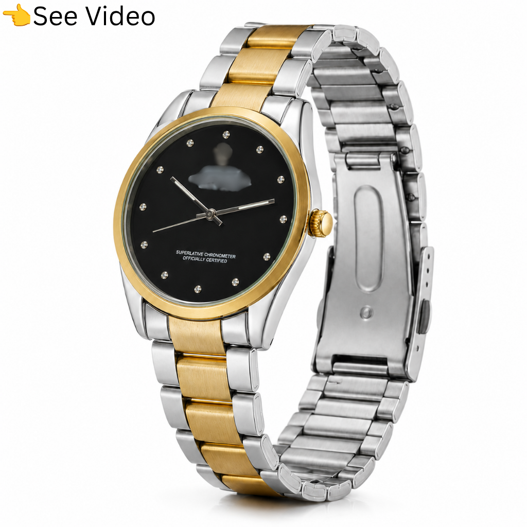 Luxury Two-Tone Gold Stainless Steel Watch - Bright Black Sunray Dial with Diamond Markers Analog Dress Wristwatch