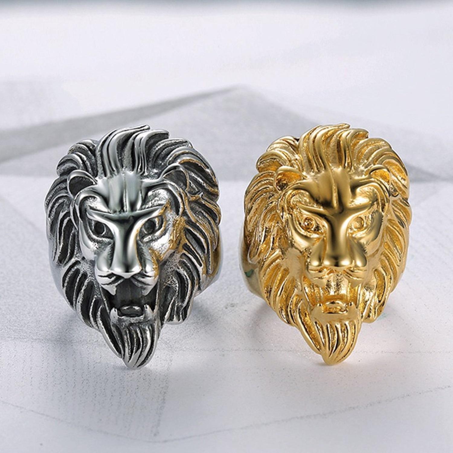 Gold Lion Ring Men Stainless Steel Animal Finger Rings Male
