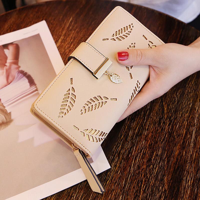Women’s Zip & Button Closure Long Wallet with Decorative Leaf Pendant