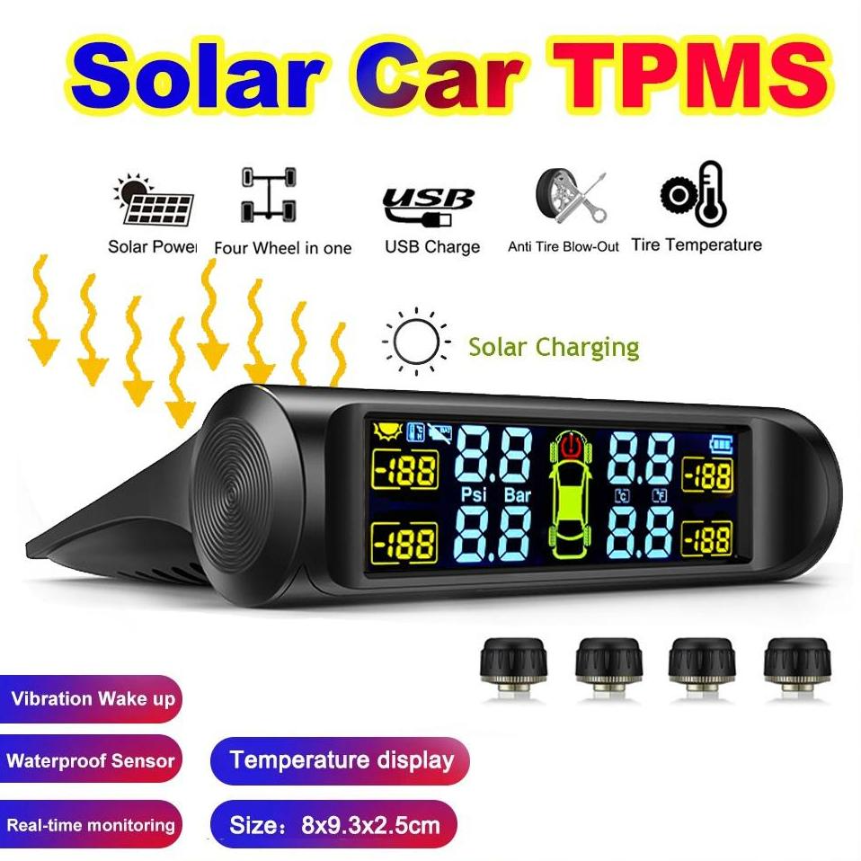 Car TPMS | Tire Pressure Monitoring System | TPMS with 4 External sensors & 5 Alarm Modes | Auto Security Alarm System | Solar Powered - Digital TPMS with LCD Display | Easy to Install| Real-Time Monitoring | High Accuracy Monitoring System