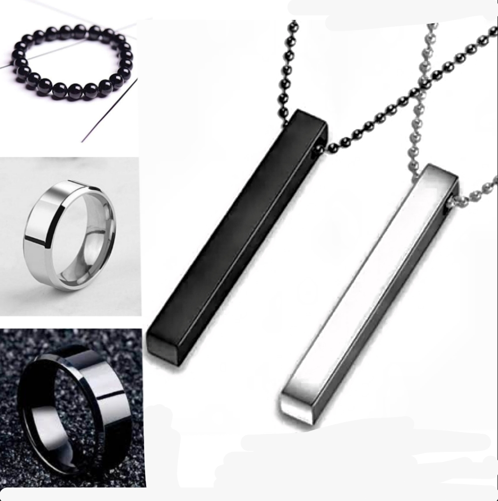 Top Trending stainless steel Jewelry set for men | Top Fashion High Quality Stainless Steel 3D Bar Stick Locket + Titanium Heartbeat Ring + Cuban chain Link Bracelet For Boys And Men | Mens Fashion Necklace Set.