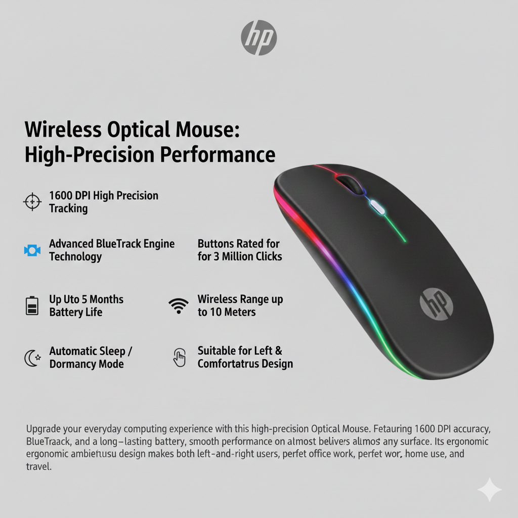 HP W10 Rechargeable Wireless Optical Mouse – RGB Lights, Silent Click, Adjustable DPI, Long Range 2.4GHz Connectivity