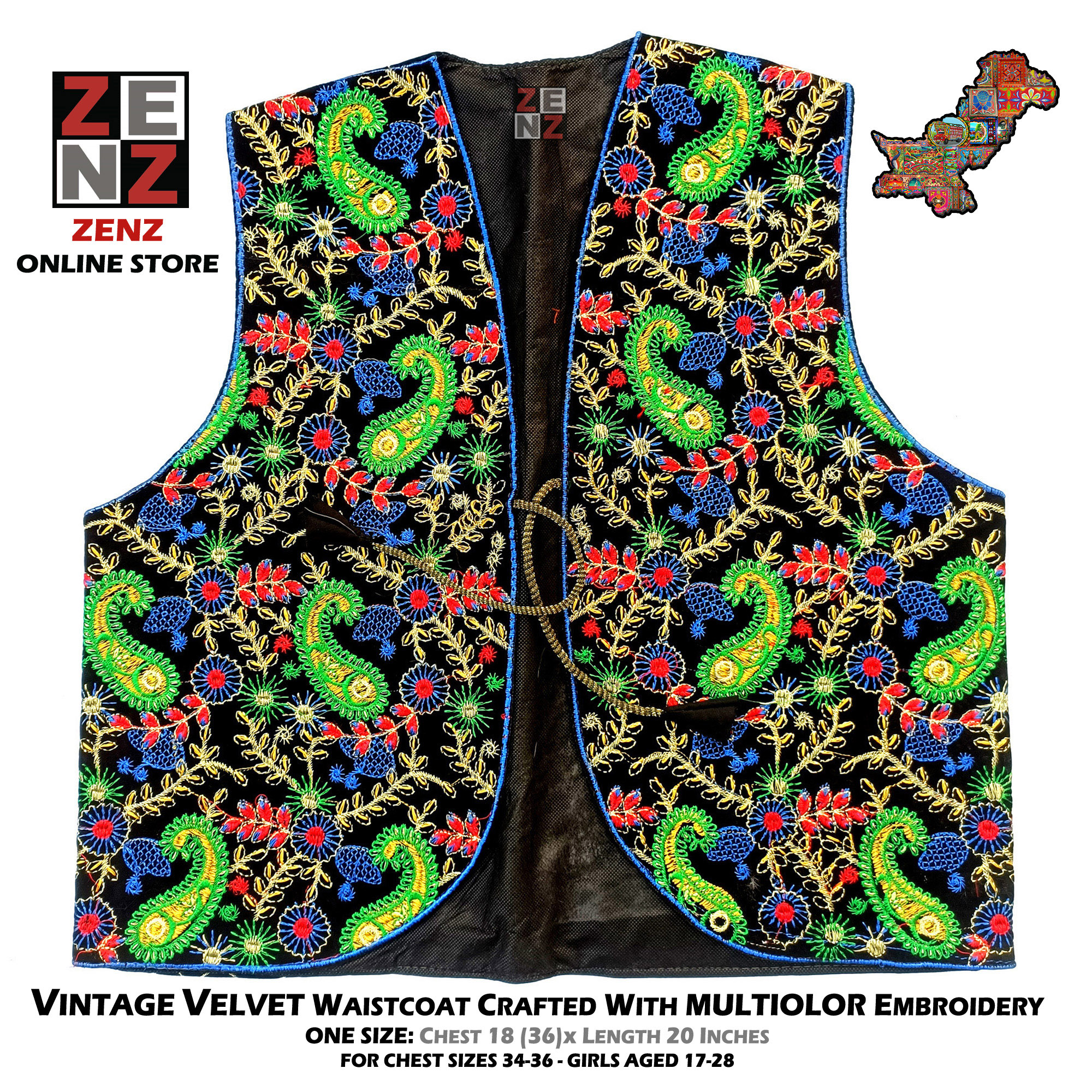 Black Velvet Waistcoat Koti crafted with Multicolor Embroidery Size: 18 (36 Chest) x20 Inches for Adult Females Girls Women Zenz Vintage Embroidered Fashion