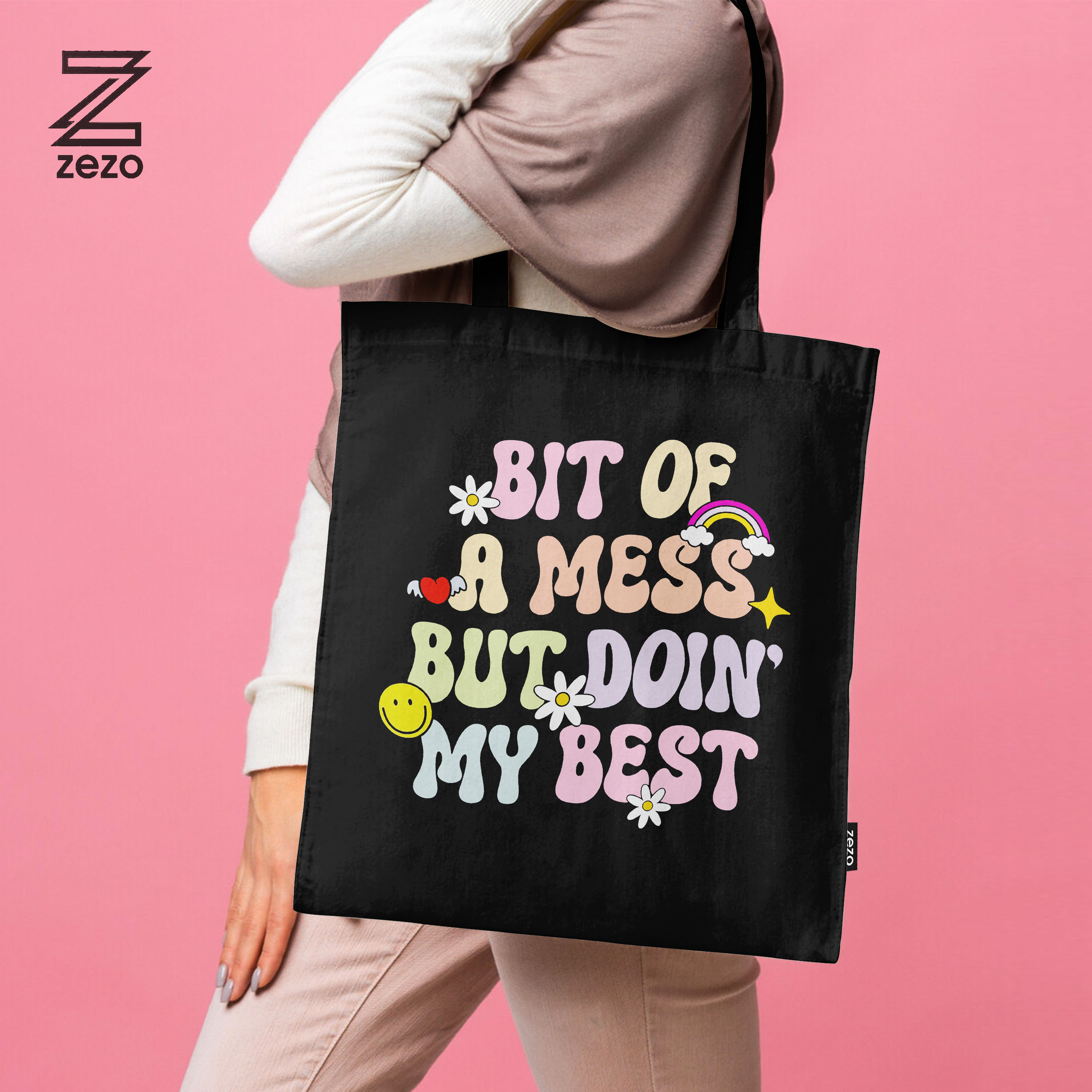 Zezo Black Canvas Tote Bag - 'Bit of a Mess But Doin' My Best' | Eco-Friendly Shoulder Bag for Girls & Women | 16" Height, 14" Width | Perfect for Shopping, College, Travel & Gifts