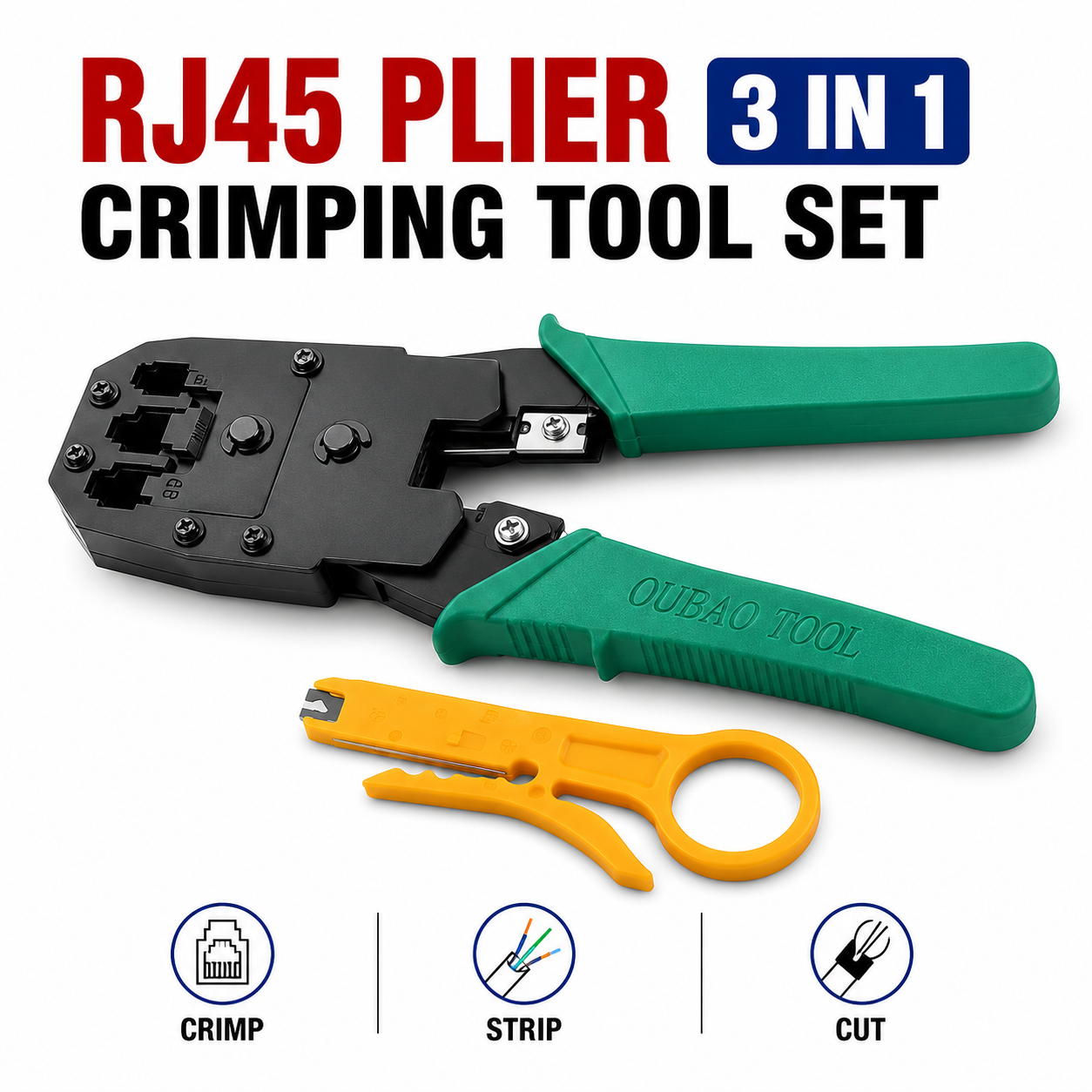 RJ45 Plier 3 in 1 High Quality Network LAN Ethernet Cable Crimping Tool Set - Genuine Original, Portable Crimper Wire Cutter Plier for Cat5, Cat6, Cat7 - Multifunctional Networking Repair Kit with 8P8C, 6P6C, 4P4C Poles Modular Connectors