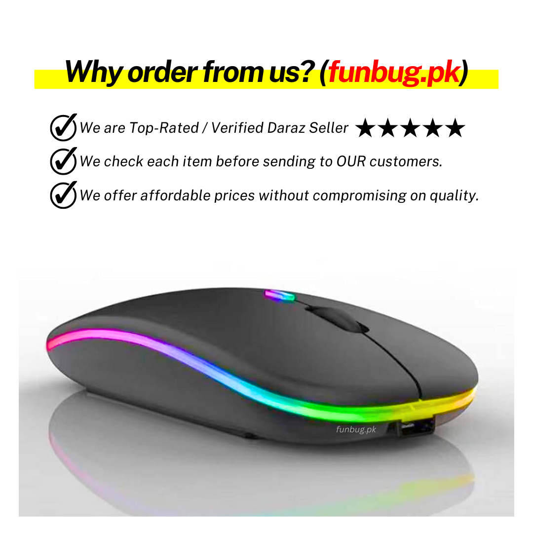 【ORIGINAL】 FunBug Dual Mode Rechargeable Wireless Bluetooth Gaming Mouse RGB with adjustable DPI ~ Silent Click, Ultra-thin Mini Wireless 2.4G Optical Mouse with MousePad for Laptop, PC, Computer, Mobile, Pad, Tablet, Smart LED TV