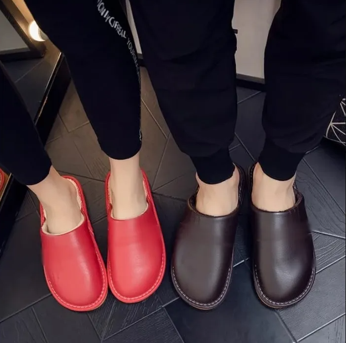 Leather Autumn and Winter Household Slippers Home Indoor Thick Bottom Non-slip Waterproof Warm Home Slipper For Men and Women