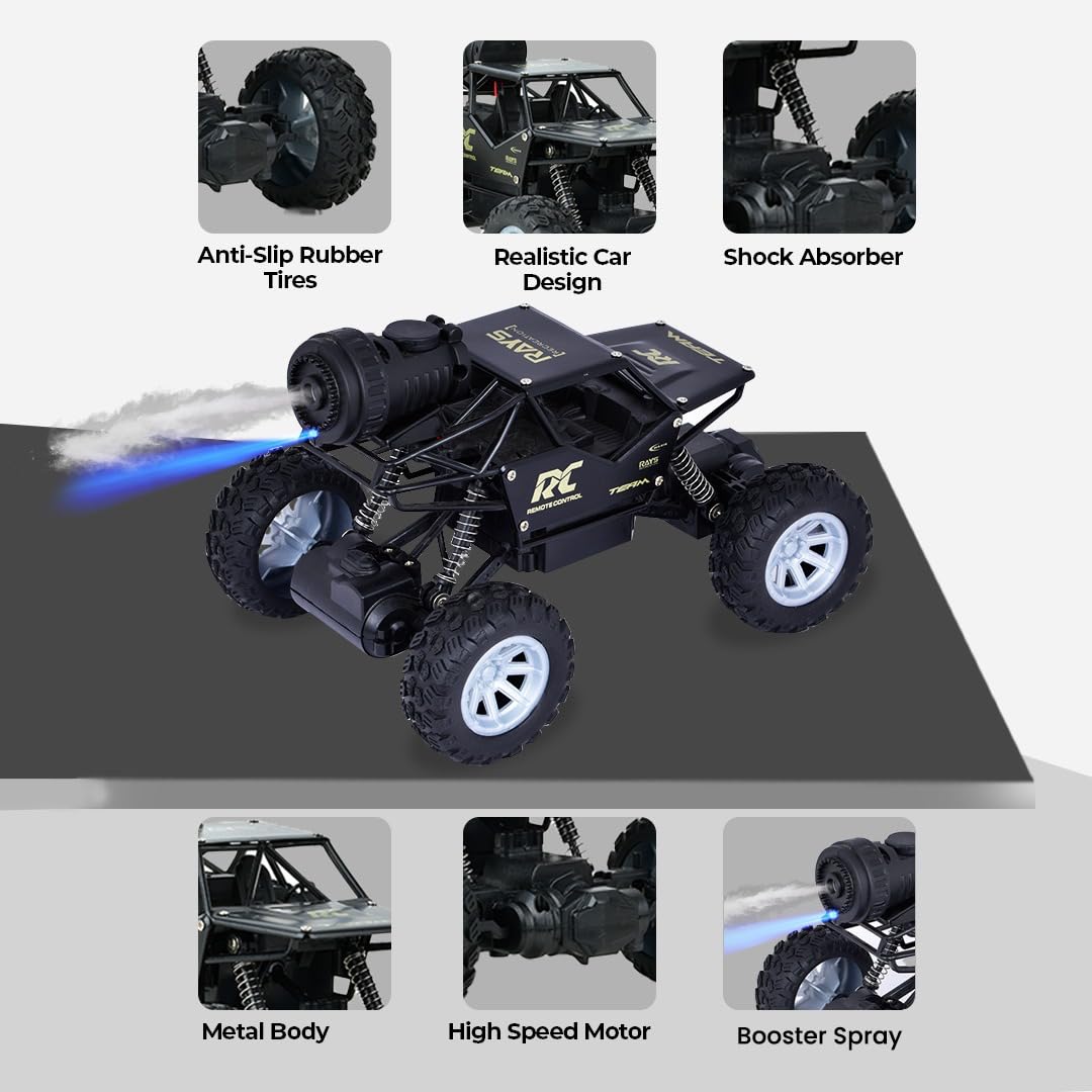 RC Remote Control Monster Truck 4x4 Off-Road Rock Crawler RC Toy with Smoke Spray Feature | RC Monster Truck Car with Soft Rubber Tires | High-Speed Rechargeable Rock Crawler | Metallic Body | Battery Included 2.4Ghz 1:16 Scale Car for Boys and Girls