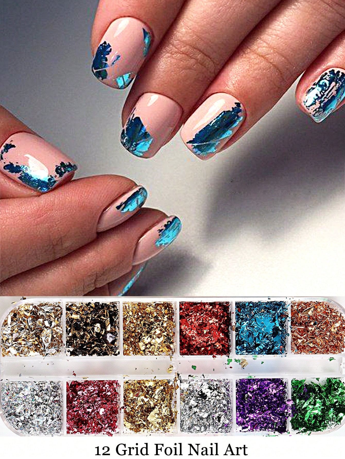 12 Grid Holographic Nail Foil Glitter Set | Gold Silver Rainbow Chrome Flakes & Confetti Glitter for Nail Art, Resin Art & DIY Crafts | Nail Gems Nail Charms Nail Art Decoration Supplies and  for resin art