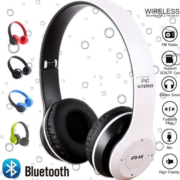 P47 Foldable Bluetooth Wireless Headphones with Built-in Microphone, FM Radio, TF Card Support, for PC, TV, Smartphones, Tablets - New