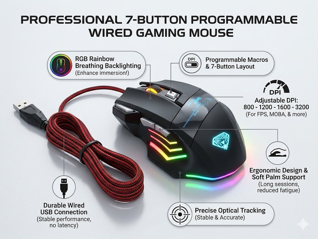 7 Button RGB Gaming Mouse Wired - Programmable Pro Gaming Mouse with Side Buttons, 3200 DPI Optical Ergonomic Design