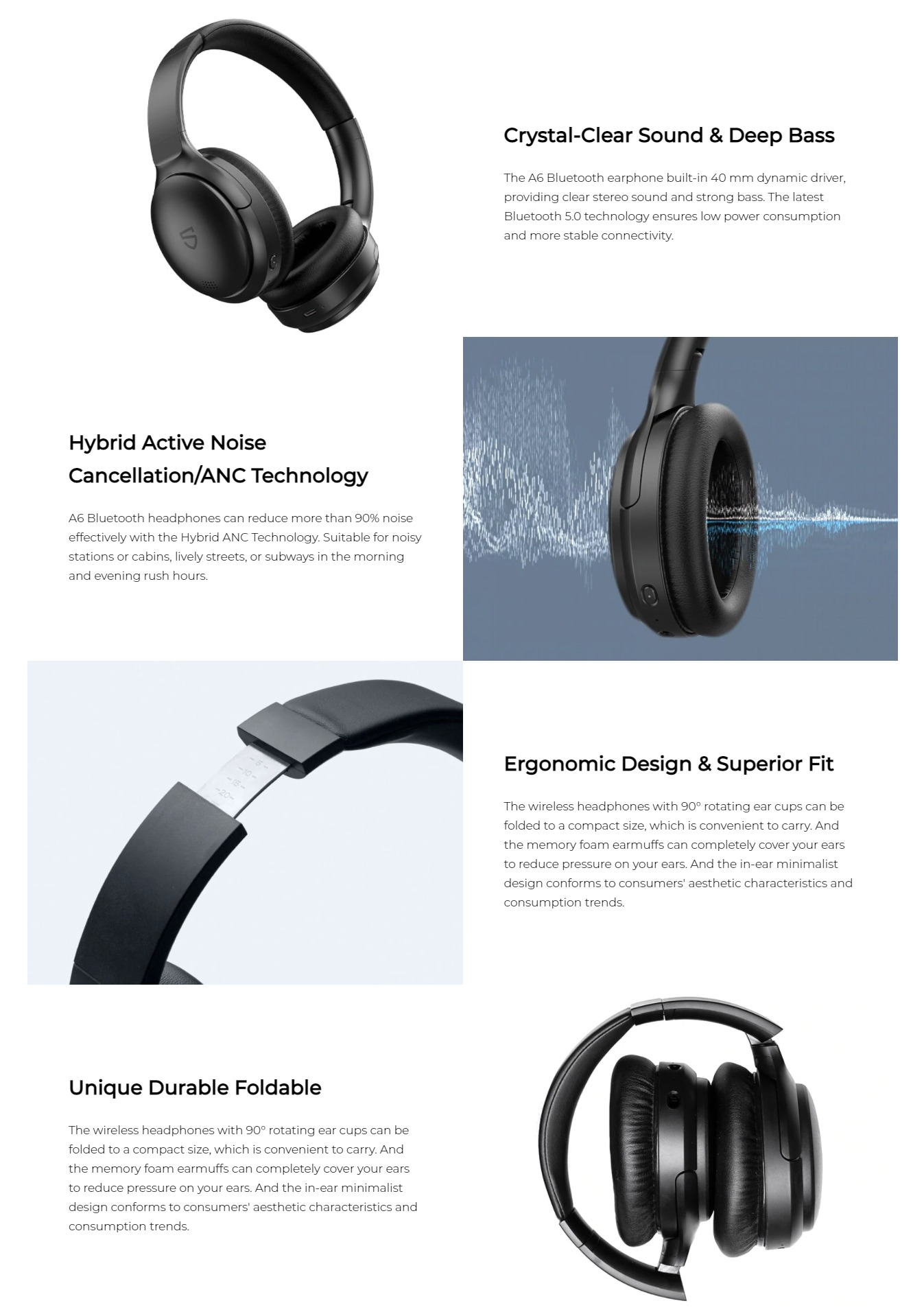 SoundPEATS Bluetooth Headphones, A6 Hybrid Active Noise Cancelling  Earphones Over Ear Headphones, 38 Hours Playtime(ANC Off), USB-C, Foldable  Design with Ergonomic Headband, Memory Foam Earcups: :  Electronics & Photo